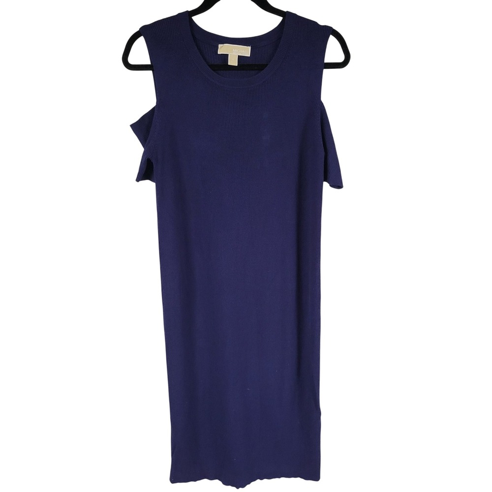 Michael Kors XL Navy Blue‎ Ribbed Knit Cold Shoulder Midi Dress - Picture 2 of 14